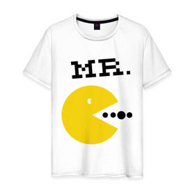 Мужская футболка хлопок с принтом Mистер Pac-Man (парная) в Кировске, 100% хлопок | прямой крой, круглый вырез горловины, длина до линии бедер, слегка спущенное плечо. | 
