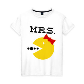 Женская футболка хлопок с принтом Миссис Pac-man (парная) в Кировске, 100% хлопок | прямой крой, круглый вырез горловины, длина до линии бедер, слегка спущенное плечо | 14 февраля | : парные | для двоих | миссис pac man