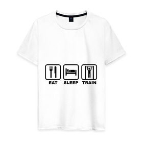 Мужская футболка хлопок с принтом Еда сон тренировки (Eat, Sleep, Train) в Кировске, 100% хлопок | прямой крой, круглый вырез горловины, длина до линии бедер, слегка спущенное плечо. | eat | sleep | train | еда | сон | спорт | тренировки