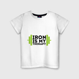 Детская футболка хлопок с принтом Железо-это моя терапия в Кировске, 100% хлопок | круглый вырез горловины, полуприлегающий силуэт, длина до линии бедер | железо это моя терапия | силовой спорт | спорт