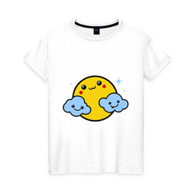 Женская футболка хлопок с принтом Солнышко с облаками в Кировске, 100% хлопок | прямой крой, круглый вырез горловины, длина до линии бедер, слегка спущенное плечо | позитив и смайлы | прикольные картинки | солнышко с облаками