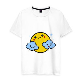 Мужская футболка хлопок с принтом Солнышко с облаками в Кировске, 100% хлопок | прямой крой, круглый вырез горловины, длина до линии бедер, слегка спущенное плечо. | позитив и смайлы | прикольные картинки | солнышко с облаками