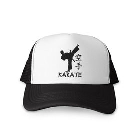 Кепка тракер с сеткой с принтом Karate (Карате) в Кировске, трикотажное полотно; задняя часть — сетка | длинный козырек, универсальный размер, пластиковая застежка | karate | единоборства | карате | спорт