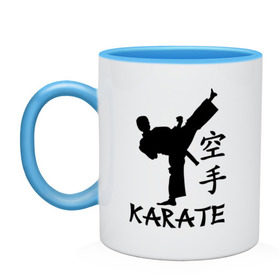 Кружка двухцветная с принтом Karate (Карате) в Кировске, керамика | объем — 330 мл, диаметр — 80 мм. Цветная ручка и кайма сверху, в некоторых цветах — вся внутренняя часть | karate | единоборства | карате | спорт