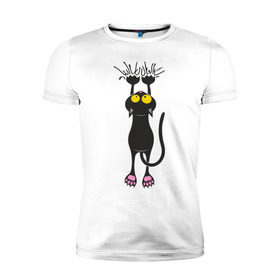 Мужская футболка премиум с принтом Висящий кот в Кировске, 92% хлопок, 8% лайкра | приталенный силуэт, круглый вырез ворота, длина до линии бедра, короткий рукав | висящий кот | когти | котик | котяра | кошки | милый кот | повис | черный кот