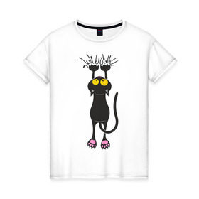 Женская футболка хлопок с принтом Висящий кот в Кировске, 100% хлопок | прямой крой, круглый вырез горловины, длина до линии бедер, слегка спущенное плечо | висящий кот | когти | котик | котяра | кошки | милый кот | повис | черный кот