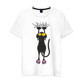 Мужская футболка хлопок с принтом Висящий кот в Кировске, 100% хлопок | прямой крой, круглый вырез горловины, длина до линии бедер, слегка спущенное плечо. | висящий кот | когти | котик | котяра | кошки | милый кот | повис | черный кот