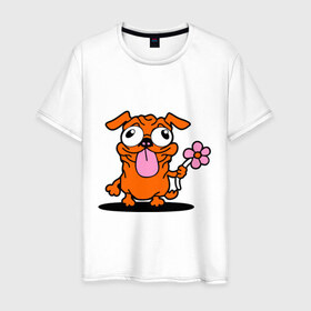 Мужская футболка хлопок с принтом собачка с цветочком в Кировске, 100% хлопок | прямой крой, круглый вырез горловины, длина до линии бедер, слегка спущенное плечо. | животное | любовь | милый песик | песик | собачка с цветочком | цветок