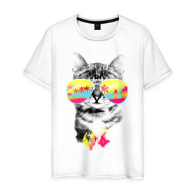 Мужская футболка хлопок с принтом Солнечный кот в Кировске, 100% хлопок | прямой крой, круглый вырез горловины, длина до линии бедер, слегка спущенное плечо. | киска | кот | лето | отпуск | очки | пляж | солнечный кот | турист