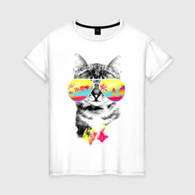 Женская футболка хлопок с принтом Солнечный кот в Кировске, 100% хлопок | прямой крой, круглый вырез горловины, длина до линии бедер, слегка спущенное плечо | киска | кот | лето | отпуск | очки | пляж | солнечный кот | турист