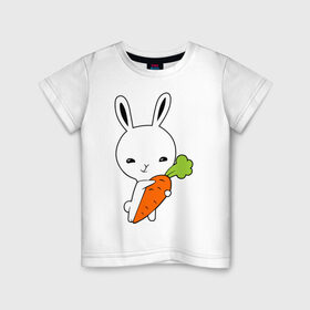 Детская футболка хлопок с принтом Зайчик с морковкой в Кировске, 100% хлопок | круглый вырез горловины, полуприлегающий силуэт, длина до линии бедер | Тематика изображения на принте: животные | зайка | зайчик | зайчик с морковкой | морковка