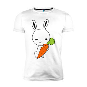 Мужская футболка премиум с принтом Зайчик с морковкой в Кировске, 92% хлопок, 8% лайкра | приталенный силуэт, круглый вырез ворота, длина до линии бедра, короткий рукав | животные | зайка | зайчик | зайчик с морковкой | морковка