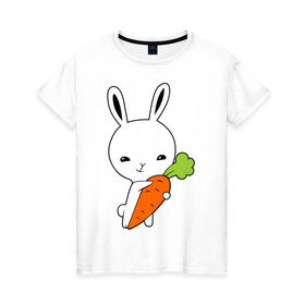 Женская футболка хлопок с принтом Зайчик с морковкой в Кировске, 100% хлопок | прямой крой, круглый вырез горловины, длина до линии бедер, слегка спущенное плечо | животные | зайка | зайчик | зайчик с морковкой | морковка