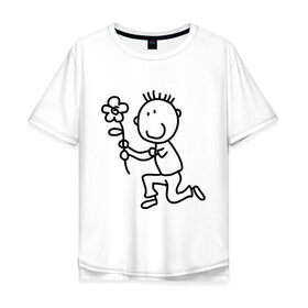 Мужская футболка хлопок Oversize с принтом человечки с цветком парная муж в Кировске, 100% хлопок | свободный крой, круглый ворот, “спинка” длиннее передней части | для двоих | парная мужская | парные | цветочек | человечки | человечки с цветком парная муж