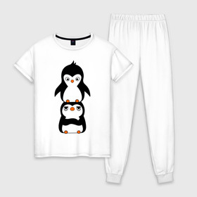 Женская пижама хлопок с принтом Пингвины в Кировске, 100% хлопок | брюки и футболка прямого кроя, без карманов, на брюках мягкая резинка на поясе и по низу штанин | 14 февраля | влюбленным | пингвины | прикольные картинки