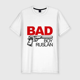 Мужская футболка премиум с принтом Плохой мальчик Руслан в Кировске, 92% хлопок, 8% лайкра | приталенный силуэт, круглый вырез ворота, длина до линии бедра, короткий рукав | rus | ruslan | имена | имя | мальчик | парень | рус | руслан