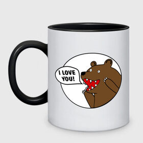 Кружка двухцветная с принтом Медведь - я люблю тебя в Кировске, керамика | объем — 330 мл, диаметр — 80 мм. Цветная ручка и кайма сверху, в некоторых цветах — вся внутренняя часть | Тематика изображения на принте: i | love | you | люблю | любовь | медвед | медведь