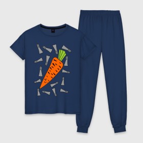 Женская пижама хлопок с принтом морковка и кролик парная в Кировске, 100% хлопок | брюки и футболка прямого кроя, без карманов, на брюках мягкая резинка на поясе и по низу штанин | 14 февраля | все | день святого валентина | для двоих | идеи подарков | морковка и кролик | парные