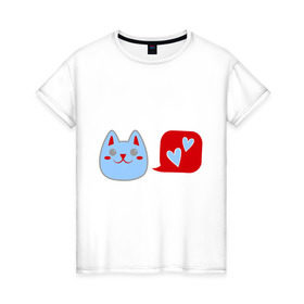 Женская футболка хлопок с принтом Любящий котейка в Кировске, 100% хлопок | прямой крой, круглый вырез горловины, длина до линии бедер, слегка спущенное плечо | кошки | любовь | любящий котейка | мурка | сердечки