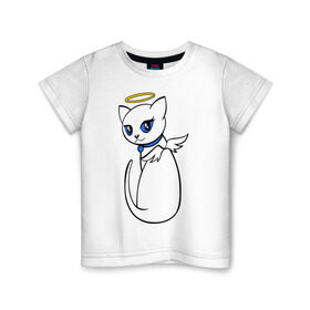 Детская футболка хлопок с принтом Кошечка ангел в Кировске, 100% хлопок | круглый вырез горловины, полуприлегающий силуэт, длина до линии бедер | крылья
