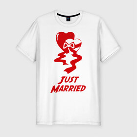 Мужская футболка премиум с принтом Just Married 2 hearts в Кировске, 92% хлопок, 8% лайкра | приталенный силуэт, круглый вырез ворота, длина до линии бедра, короткий рукав | 
