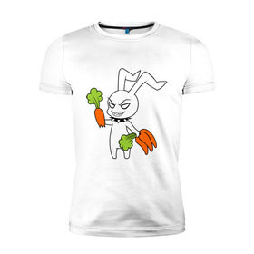 Мужская футболка премиум с принтом Злой зайчик в Кировске, 92% хлопок, 8% лайкра | приталенный силуэт, круглый вырез ворота, длина до линии бедра, короткий рукав | Тематика изображения на принте: животные | зайка | злой зайчик | кролик | морковка | прикольные картинки