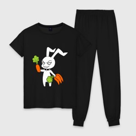 Женская пижама хлопок с принтом Злой зайчик в Кировске, 100% хлопок | брюки и футболка прямого кроя, без карманов, на брюках мягкая резинка на поясе и по низу штанин | животные | зайка | злой зайчик | кролик | морковка | прикольные картинки