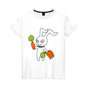 Женская футболка хлопок с принтом Злой зайчик в Кировске, 100% хлопок | прямой крой, круглый вырез горловины, длина до линии бедер, слегка спущенное плечо | животные | зайка | злой зайчик | кролик | морковка | прикольные картинки