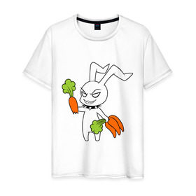 Мужская футболка хлопок с принтом Злой зайчик в Кировске, 100% хлопок | прямой крой, круглый вырез горловины, длина до линии бедер, слегка спущенное плечо. | животные | зайка | злой зайчик | кролик | морковка | прикольные картинки