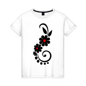 Женская футболка хлопок с принтом Цветочный орнамент в Кировске, 100% хлопок | прямой крой, круглый вырез горловины, длина до линии бедер, слегка спущенное плечо | 