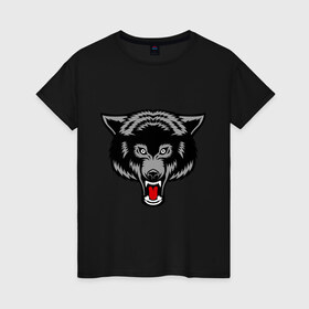 Женская футболка хлопок с принтом Безжалостный волк в Кировске, 100% хлопок | прямой крой, круглый вырез горловины, длина до линии бедер, слегка спущенное плечо | безжалостный волк | вол | животные | зубы | прикольные картинки | серый