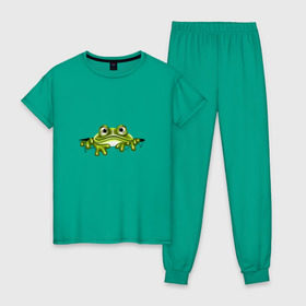 Женская пижама хлопок с принтом Жаба в Кировске, 100% хлопок | брюки и футболка прямого кроя, без карманов, на брюках мягкая резинка на поясе и по низу штанин | жаба | лягушка | няшка | позитив и смайлы | прикольные картинки