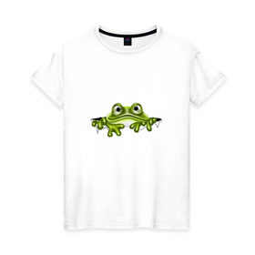 Женская футболка хлопок с принтом Жаба в Кировске, 100% хлопок | прямой крой, круглый вырез горловины, длина до линии бедер, слегка спущенное плечо | жаба | лягушка | няшка | позитив и смайлы | прикольные картинки