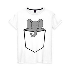 Женская футболка хлопок с принтом Слон в кармашке в Кировске, 100% хлопок | прямой крой, круглый вырез горловины, длина до линии бедер, слегка спущенное плечо | слон