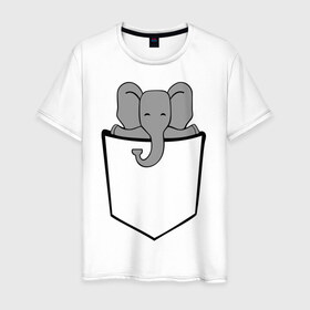 Мужская футболка хлопок с принтом Слон в кармашке в Кировске, 100% хлопок | прямой крой, круглый вырез горловины, длина до линии бедер, слегка спущенное плечо. | слон