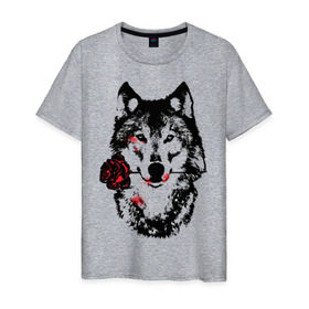 Мужская футболка хлопок с принтом Модный дизайн - Волк и Роза в Кировске, 100% хлопок | прямой крой, круглый вырез горловины, длина до линии бедер, слегка спущенное плечо. | волки | модный дизайн   волк и роза | прикольные картинки | роза | цветы