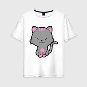 Женская футболка хлопок Oversize с принтом Довольный кот в Кировске, 100% хлопок | свободный крой, круглый ворот, спущенный рукав, длина до линии бедер
 | довольный кот | киска | кот | котёнок | котик | коты и кошки | коты мемы | кошки | мурка | серый кот