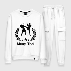 Женский костюм хлопок с принтом Muay Thai (Тайский бокс) в Кировске, 100% хлопок | на свитшоте круглая горловина, мягкая резинка по низу. Брюки заужены к низу, на них два вида карманов: два 