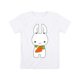 Детская футболка хлопок с принтом Зайчик с морковкой в Кировске, 100% хлопок | круглый вырез горловины, полуприлегающий силуэт, длина до линии бедер | белый кролик | животные | зайчик | зайчик с морковкой | морковь