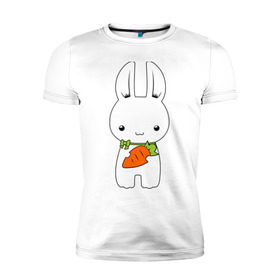 Мужская футболка премиум с принтом Зайчик с морковкой в Кировске, 92% хлопок, 8% лайкра | приталенный силуэт, круглый вырез ворота, длина до линии бедра, короткий рукав | белый кролик | животные | зайчик | зайчик с морковкой | морковь
