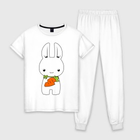 Женская пижама хлопок с принтом Зайчик с морковкой в Кировске, 100% хлопок | брюки и футболка прямого кроя, без карманов, на брюках мягкая резинка на поясе и по низу штанин | белый кролик | животные | зайчик | зайчик с морковкой | морковь
