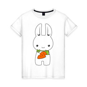 Женская футболка хлопок с принтом Зайчик с морковкой в Кировске, 100% хлопок | прямой крой, круглый вырез горловины, длина до линии бедер, слегка спущенное плечо | белый кролик | животные | зайчик | зайчик с морковкой | морковь
