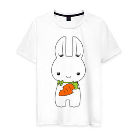 Мужская футболка хлопок с принтом Зайчик с морковкой в Кировске, 100% хлопок | прямой крой, круглый вырез горловины, длина до линии бедер, слегка спущенное плечо. | белый кролик | животные | зайчик | зайчик с морковкой | морковь