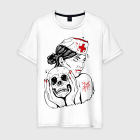 Мужская футболка хлопок с принтом Тату медсестра в Кировске, 100% хлопок | прямой крой, круглый вырез горловины, длина до линии бедер, слегка спущенное плечо. | кровь | медсестра | тату | тату медсестра | череп