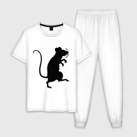 Мужская пижама хлопок с принтом Силуэт крысы в Кировске, 100% хлопок | брюки и футболка прямого кроя, без карманов, на брюках мягкая резинка на поясе и по низу штанин
 | животные | крыса | мышь | силуэт крысы | хомяк