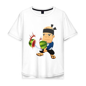 Мужская футболка хлопок Oversize с принтом Fruit Ninja в Кировске, 100% хлопок | свободный крой, круглый ворот, “спинка” длиннее передней части | fruit ninja | игры | мобильные игры | ниньзя | фруктовый ниньзя | фрукты