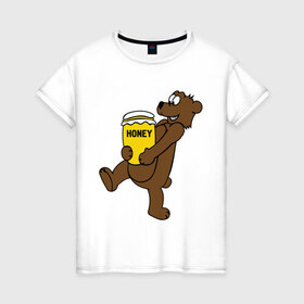 Женская футболка хлопок с принтом Медведь с медом в Кировске, 100% хлопок | прямой крой, круглый вырез горловины, длина до линии бедер, слегка спущенное плечо | животные | медведь с медом медведь мед | сладкое
