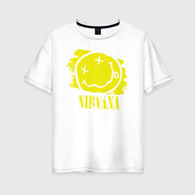 Женская футболка хлопок Oversize с принтом смайл NIRVANA в Кировске, 100% хлопок | свободный крой, круглый ворот, спущенный рукав, длина до линии бедер
 | kurt cobain | nirvana | rock | курт кобейн | нирвана | рожица | рок | смайл | смайлик | улыбка