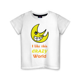 Детская футболка хлопок с принтом Crazy World в Кировске, 100% хлопок | круглый вырез горловины, полуприлегающий силуэт, длина до линии бедер | crazy world | позитив | смайлы | сумасшедший 
мир