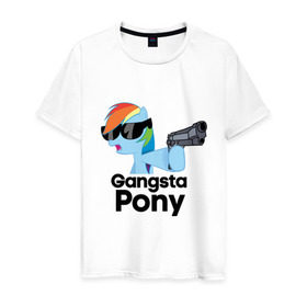 Мужская футболка хлопок с принтом Gangsta pony в Кировске, 100% хлопок | прямой крой, круглый вырез горловины, длина до линии бедер, слегка спущенное плечо. | gangsta pony | my little pony | pony | брони | ганста пони | оружие | очки | пистолет | пони